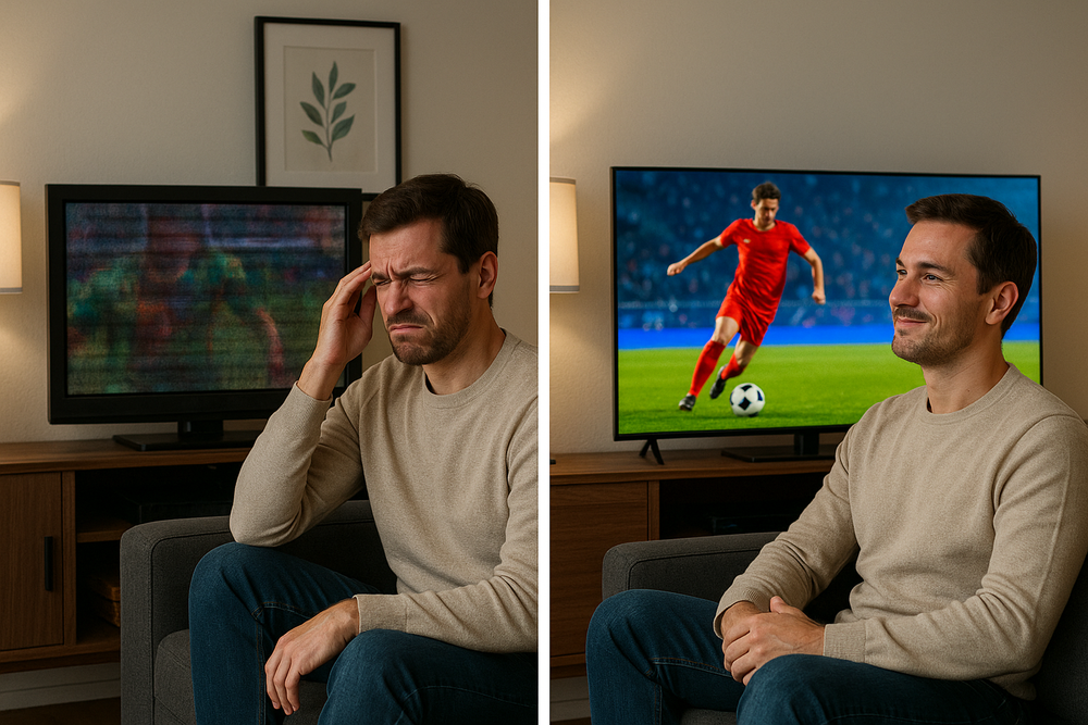 una persona viendo tele en un plasma malo y despues bueno el antes y el despues